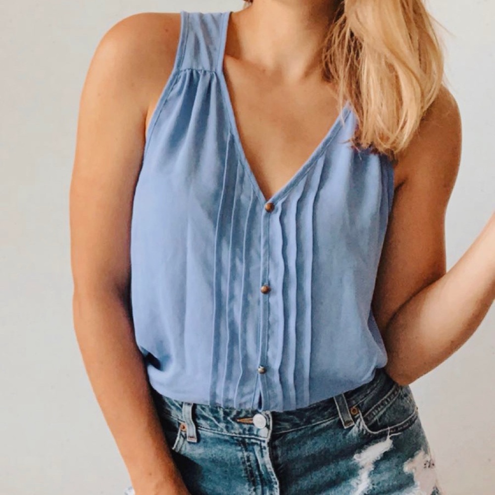 Moonlight Pleated Button Down Blouse Blue